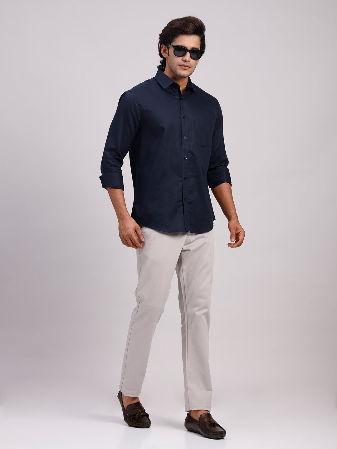 Classic Polo Men's Full Sleeve Dark Navy Polo Neck Slim Fit Solid Cotton Casual Shirt | SR1-EL-17 A-FS-SLD-SF