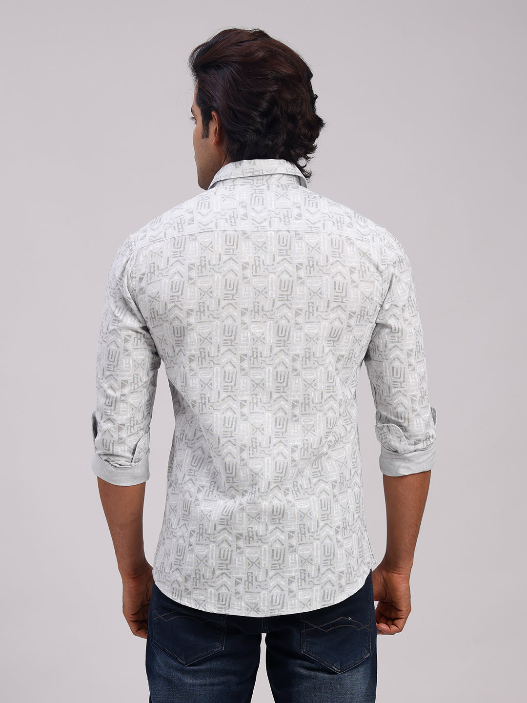 Classic Polo Men's Full Sleeve Grey Polo Neck Slim Fit All-Over Print Cotton Casual Shirt | SR1-GN-06 B-FS-PRT-SF