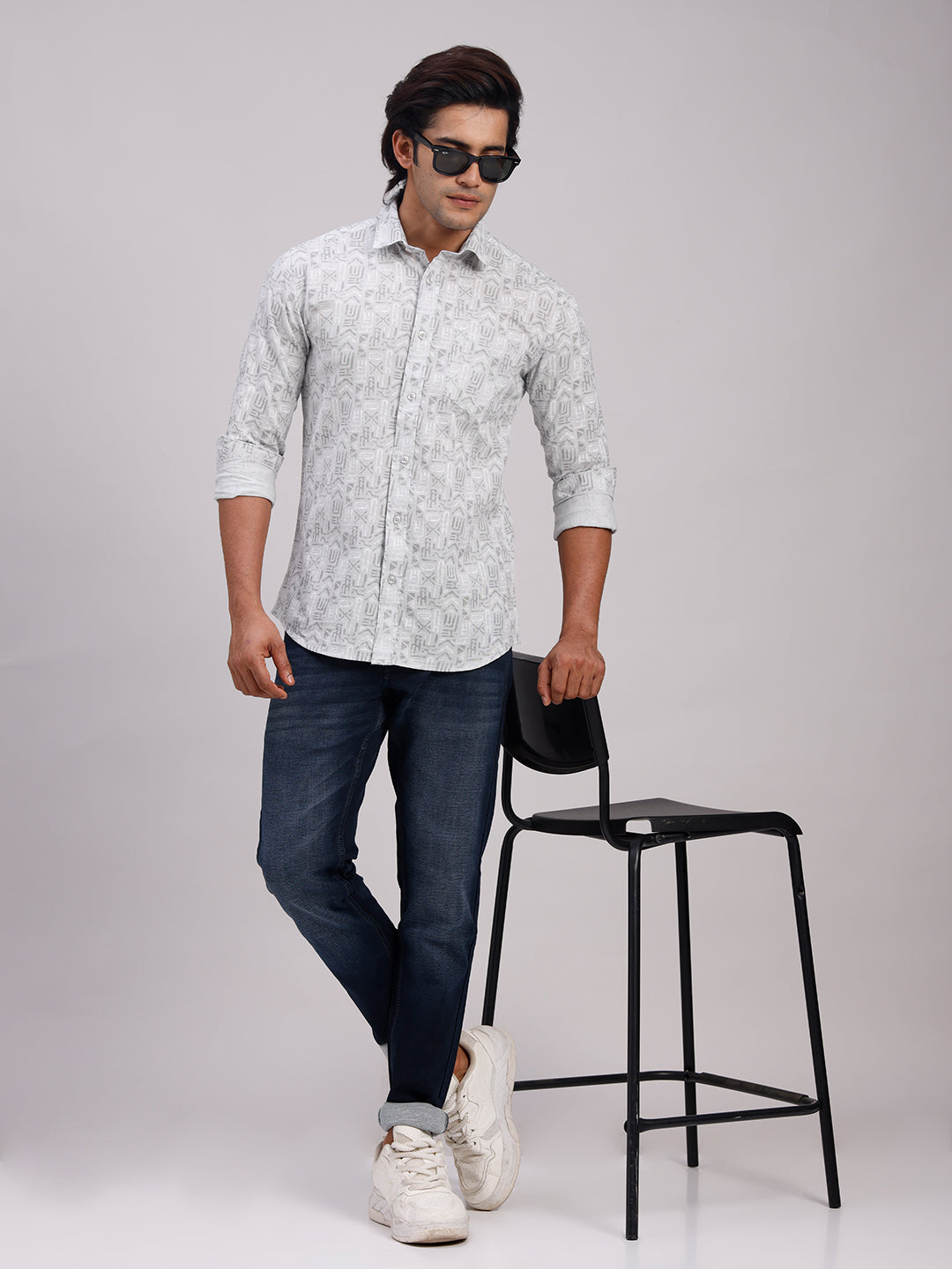 Classic Polo Men's Full Sleeve Grey Polo Neck Slim Fit All-Over Print Cotton Casual Shirt | SR1-GN-06 B-FS-PRT-SF