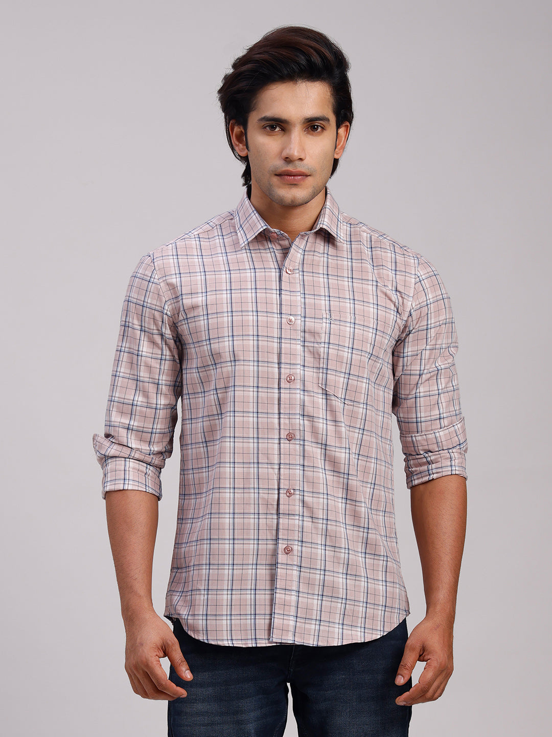 Classic Polo Men's Full Sleeve Light Mauve Polo Neck Slim Fit Checked Cotton Casual Shirt | SR1-CL-12 B-FS-CHK-SF