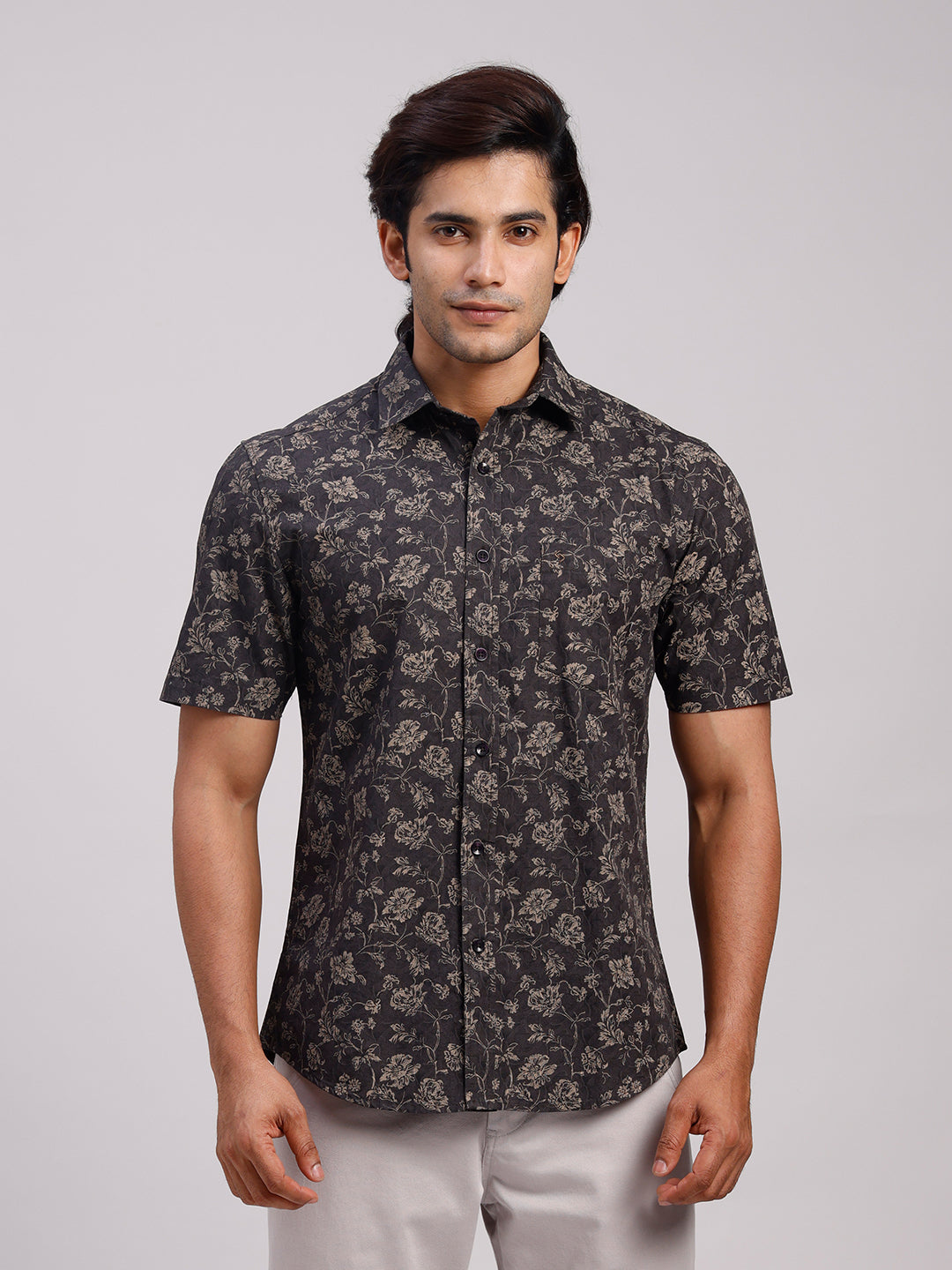 Classic Polo Men's Half Sleeve Charcoal Grey/Beige Polo Neck Slim Fit All-Over Print Cotton Casual Shirt | SR1-CL-24 A-HS-PRT-SF