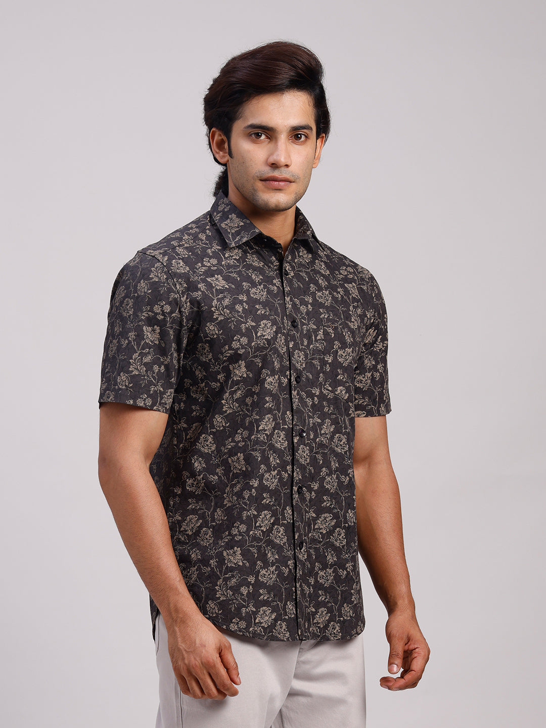 Classic Polo Men's Half Sleeve Charcoal Grey/Beige Polo Neck Slim Fit All-Over Print Cotton Casual Shirt | SR1-CL-24 A-HS-PRT-SF