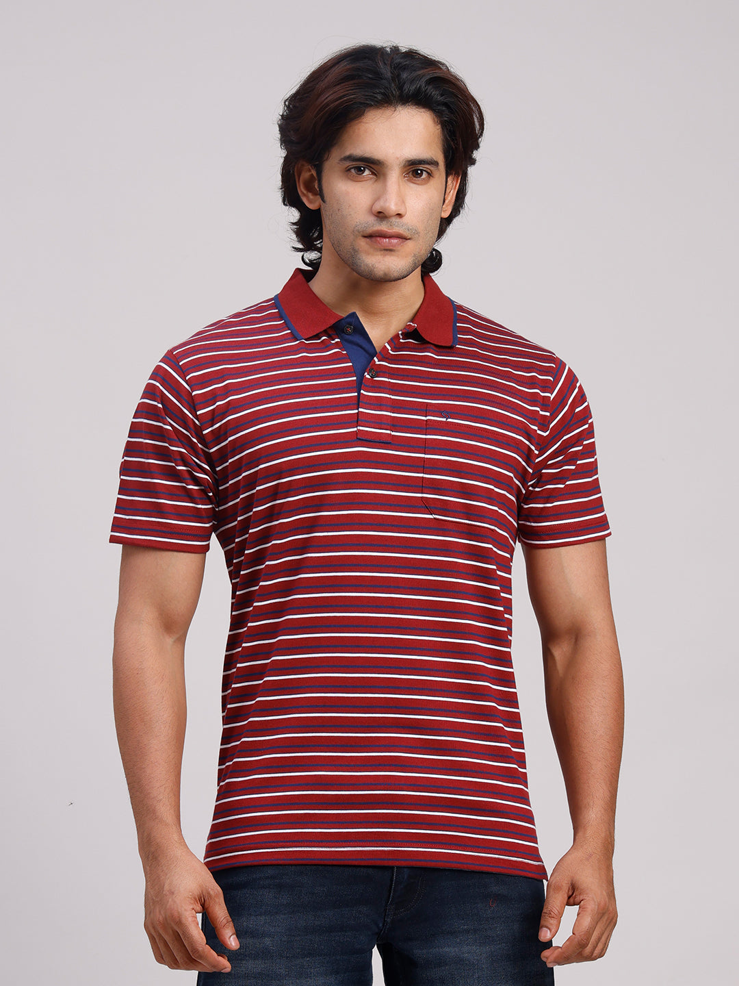 Classic Polo Men's Half Sleeve Burgundy/White Polo Neck Authentic Fit Striped Cotton Blend T-Shirt | LTS-STR - 114 A AF P