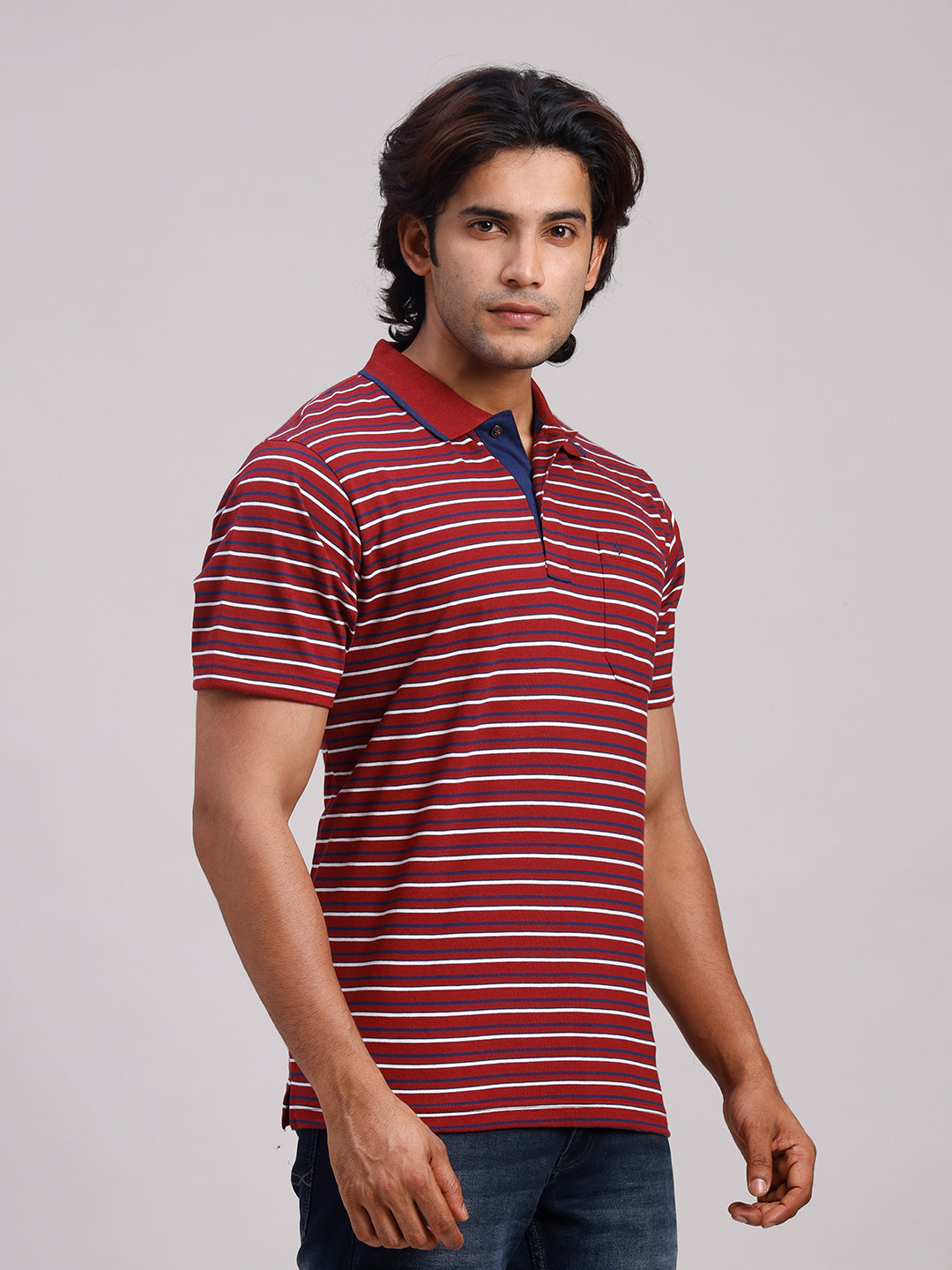 Classic Polo Men's Half Sleeve Burgundy/White Polo Neck Authentic Fit Striped Cotton Blend T-Shirt | LTS-STR - 114 A AF P
