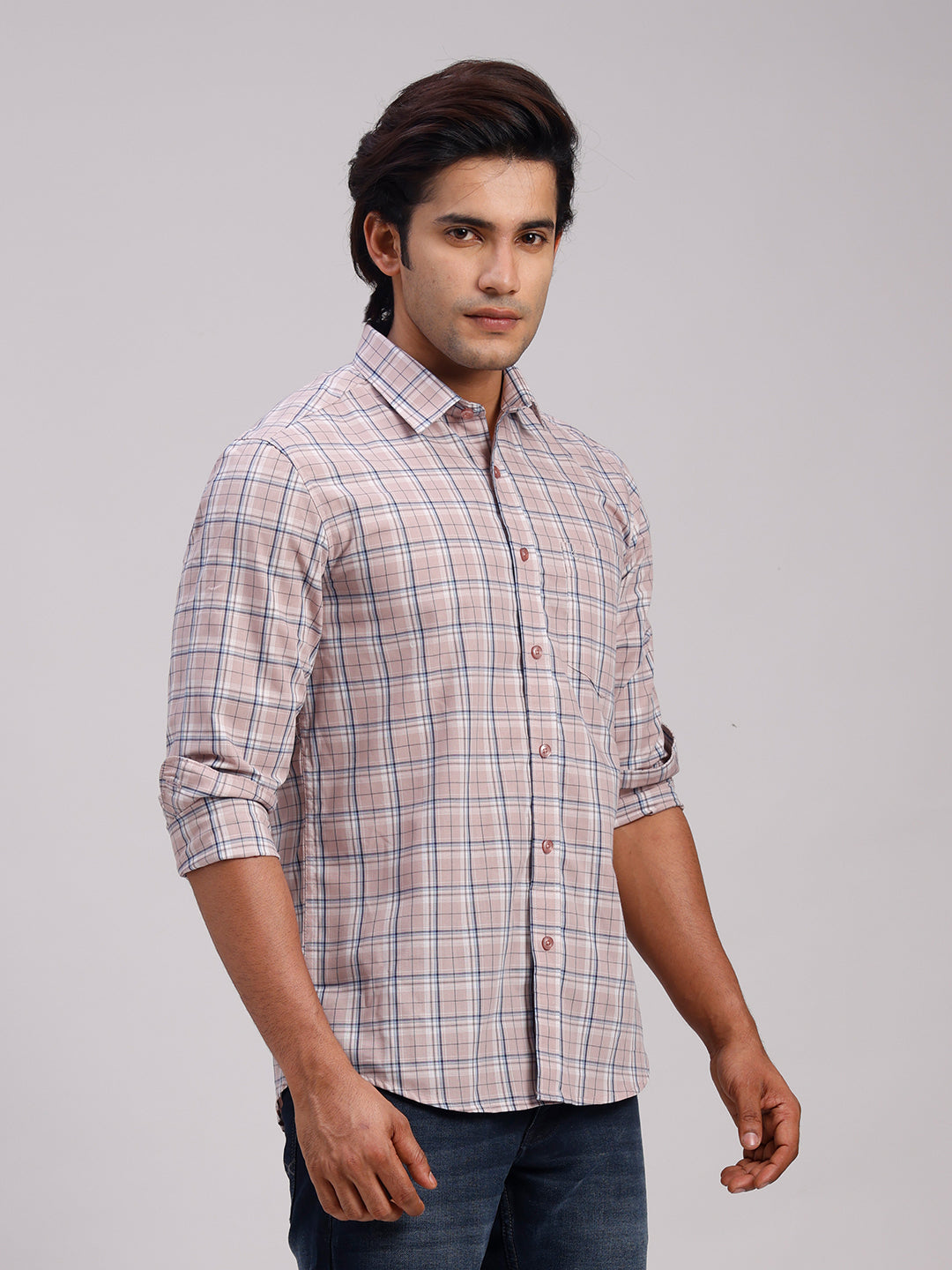 Classic Polo Men's Full Sleeve Light Mauve Polo Neck Slim Fit Checked Cotton Casual Shirt | SR1-CL-12 B-FS-CHK-SF