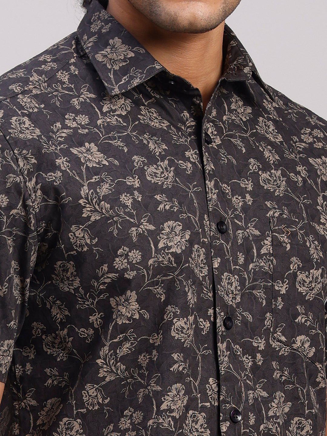 Classic Polo Men's Half Sleeve Charcoal Grey/Beige Polo Neck Slim Fit All-Over Print Cotton Casual Shirt | SR1-CL-24 A-HS-PRT-SF