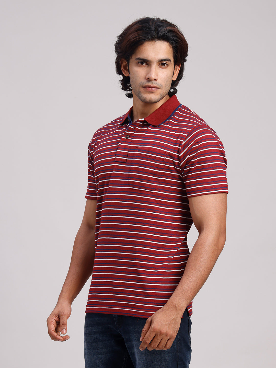 Classic Polo Men's Half Sleeve Burgundy/White Polo Neck Authentic Fit Striped Cotton Blend T-Shirt | LTS-STR - 114 A AF P