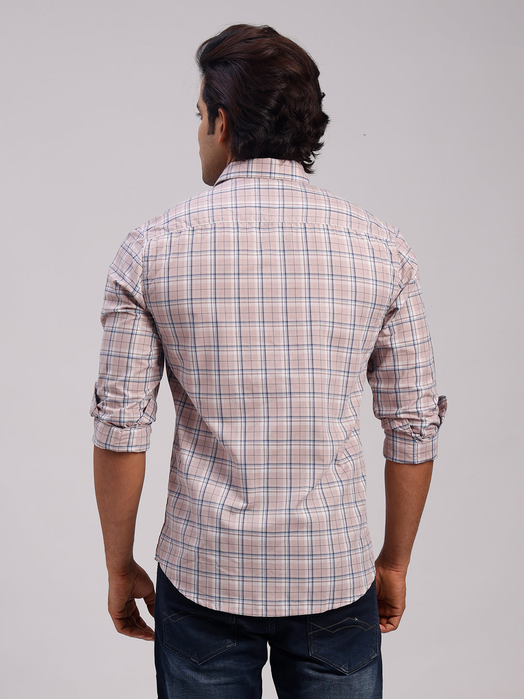 Classic Polo Men's Full Sleeve Light Mauve Polo Neck Slim Fit Checked Cotton Casual Shirt | SR1-CL-12 B-FS-CHK-SF