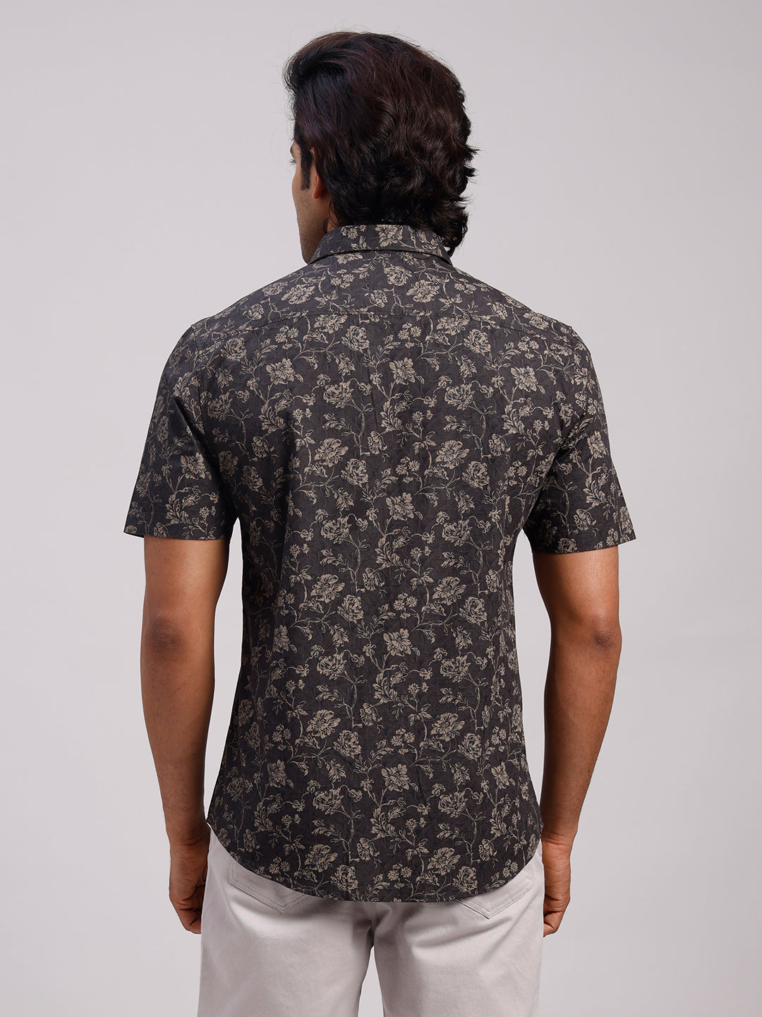 Classic Polo Men's Half Sleeve Charcoal Grey/Beige Polo Neck Slim Fit All-Over Print Cotton Casual Shirt | SR1-CL-24 A-HS-PRT-SF