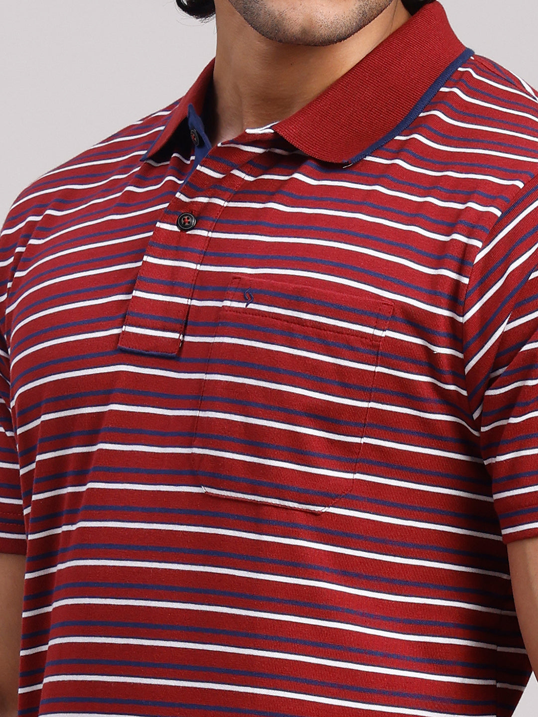Classic Polo Men's Half Sleeve Burgundy/White Polo Neck Authentic Fit Striped Cotton Blend T-Shirt | LTS-STR - 114 A AF P