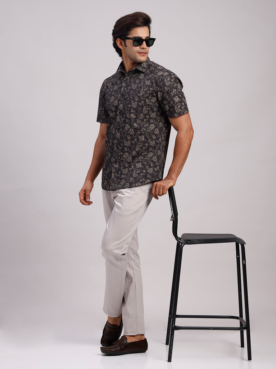 Classic Polo Men's Half Sleeve Charcoal Grey/Beige Polo Neck Slim Fit All-Over Print Cotton Casual Shirt | SR1-CL-24 A-HS-PRT-SF