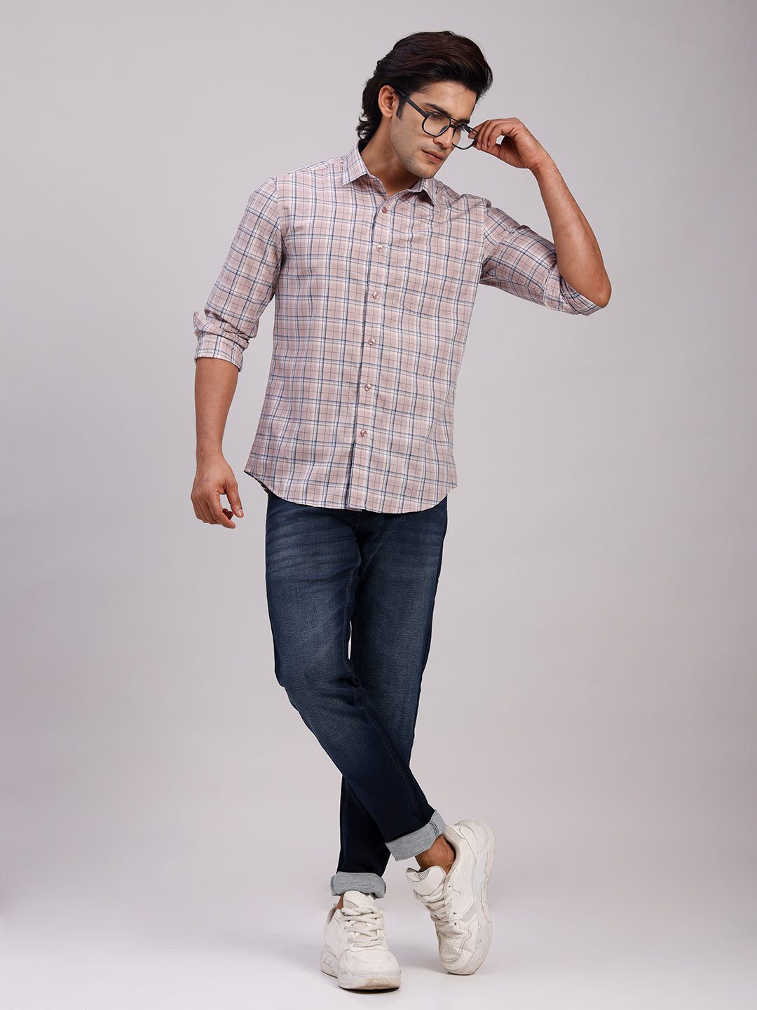 Classic Polo Men's Full Sleeve Light Mauve Polo Neck Slim Fit Checked Cotton Casual Shirt | SR1-CL-12 B-FS-CHK-SF