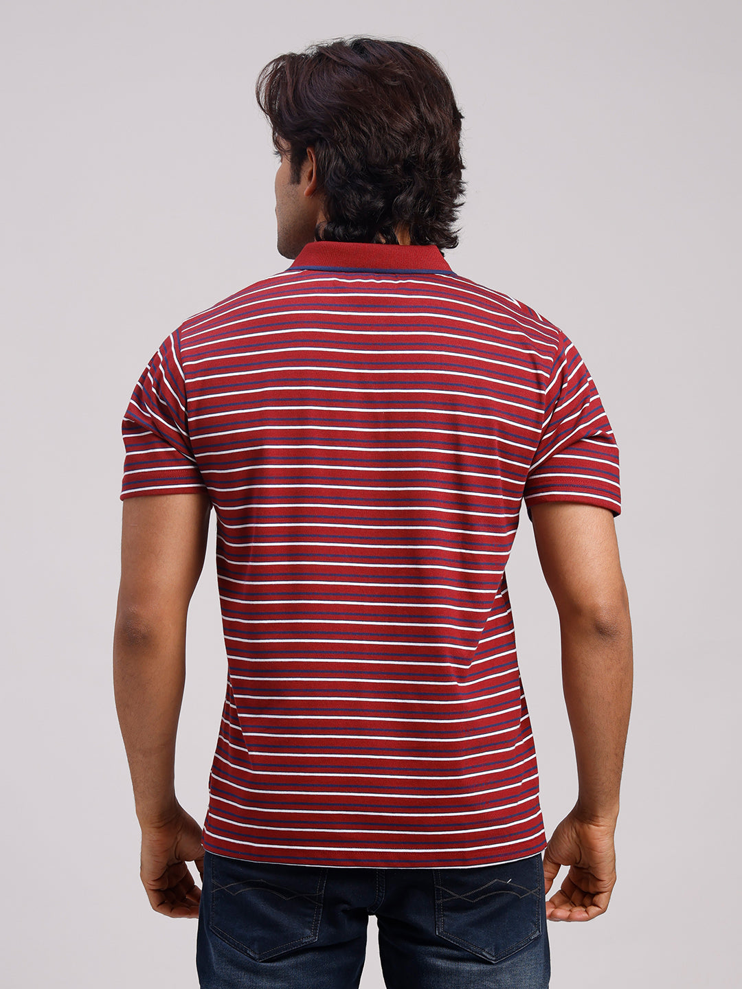 Classic Polo Men's Half Sleeve Burgundy/White Polo Neck Authentic Fit Striped Cotton Blend T-Shirt | LTS-STR - 114 A AF P