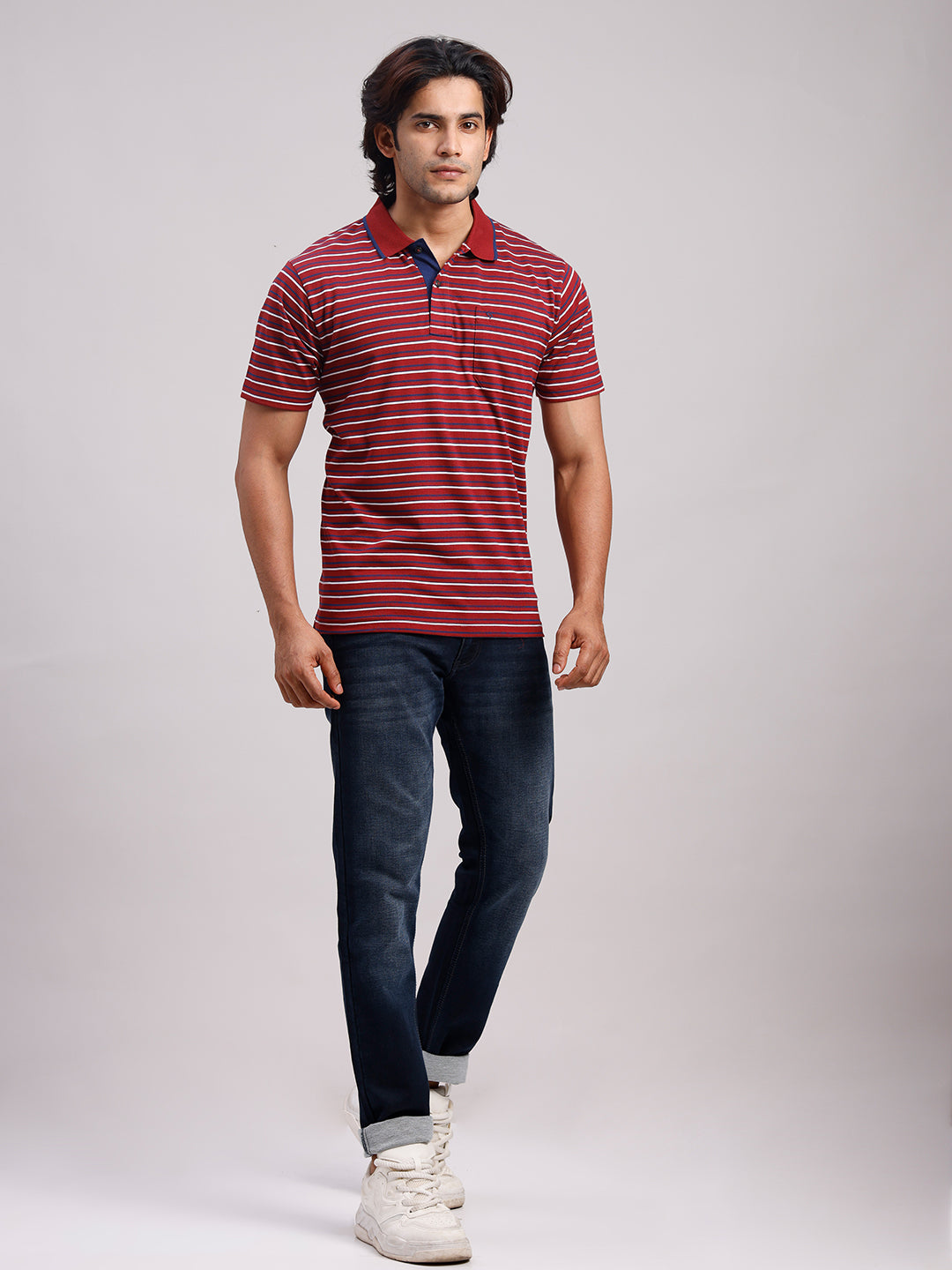 Classic Polo Men's Half Sleeve Burgundy/White Polo Neck Authentic Fit Striped Cotton Blend T-Shirt | LTS-STR - 114 A AF P