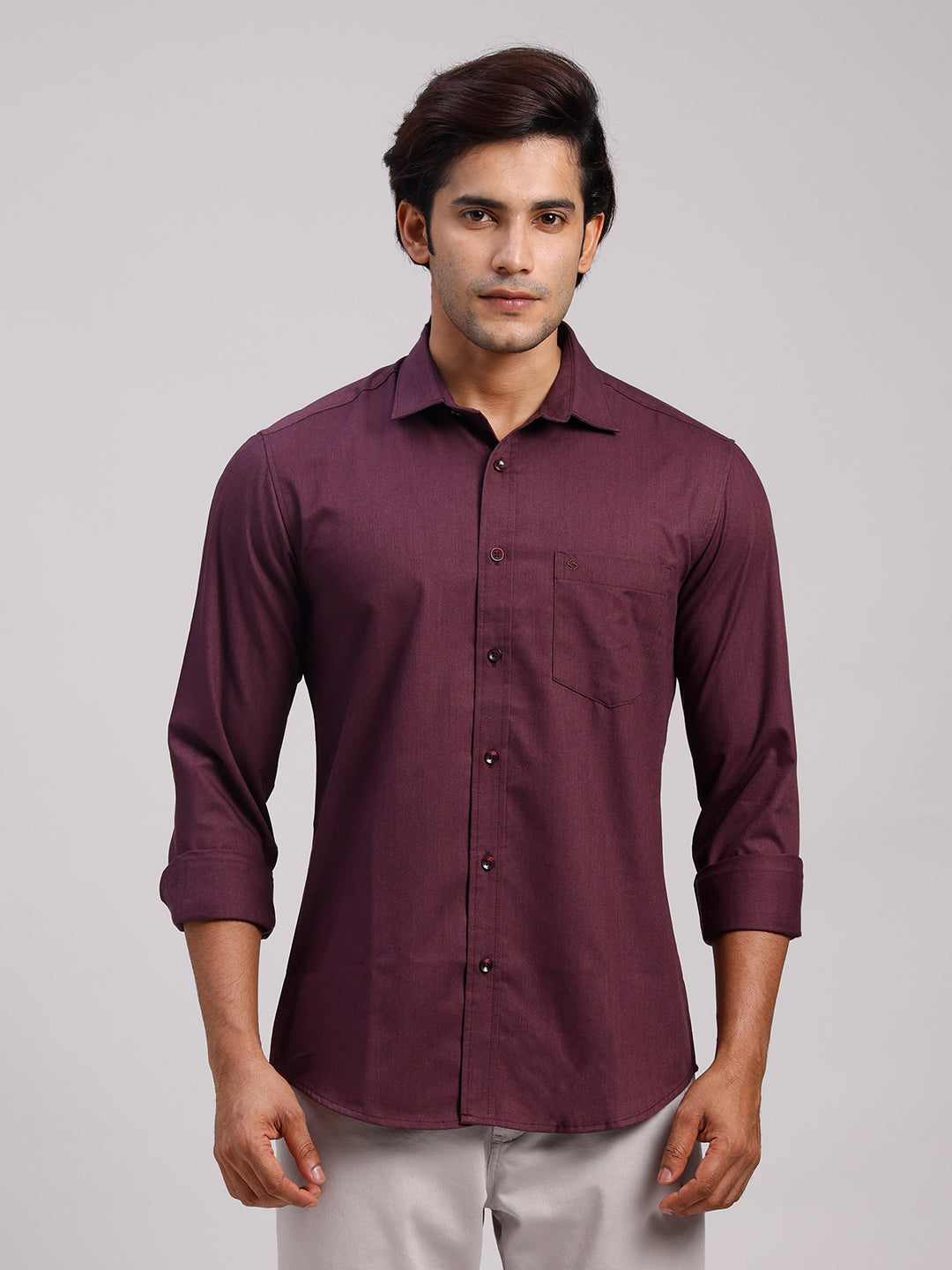 Classic Polo Men's Full Sleeve Burgundy Polo Neck Slim Fit Solid Cotton Casual Shirt | LSHR1-EL-17 B-FS-SLD-SF