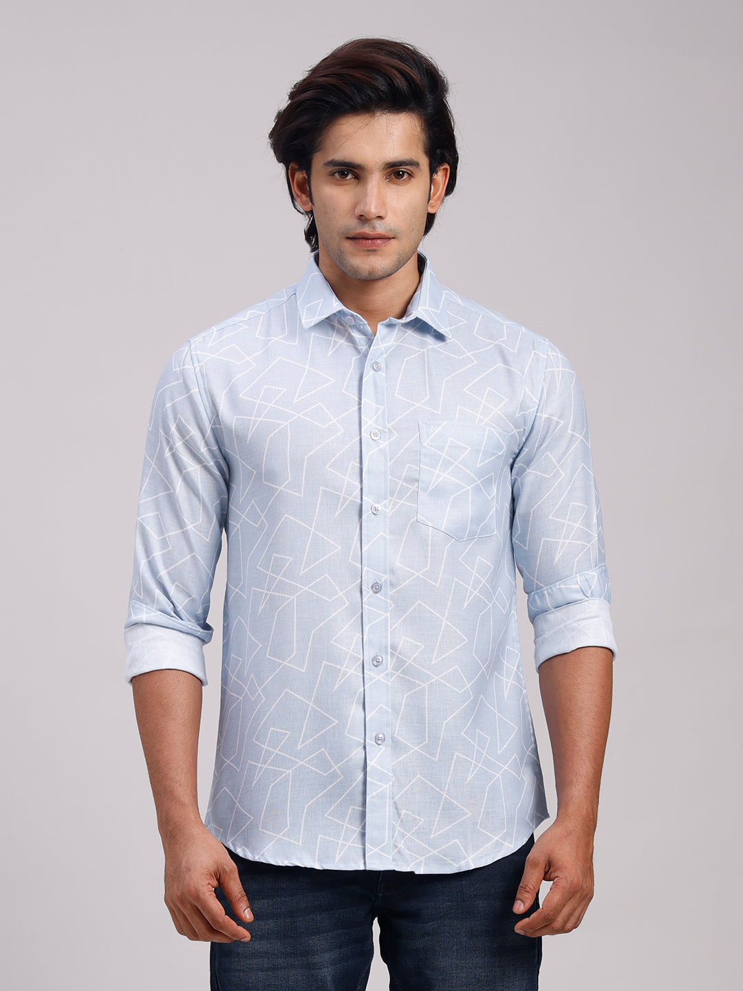 Classic Polo Men's Full Sleeve Light Blue/White Polo Neck Slim Fit All-Over Print Cotton Casual Shirt | LSHR1-CL-12 A-FS-PRT-SF