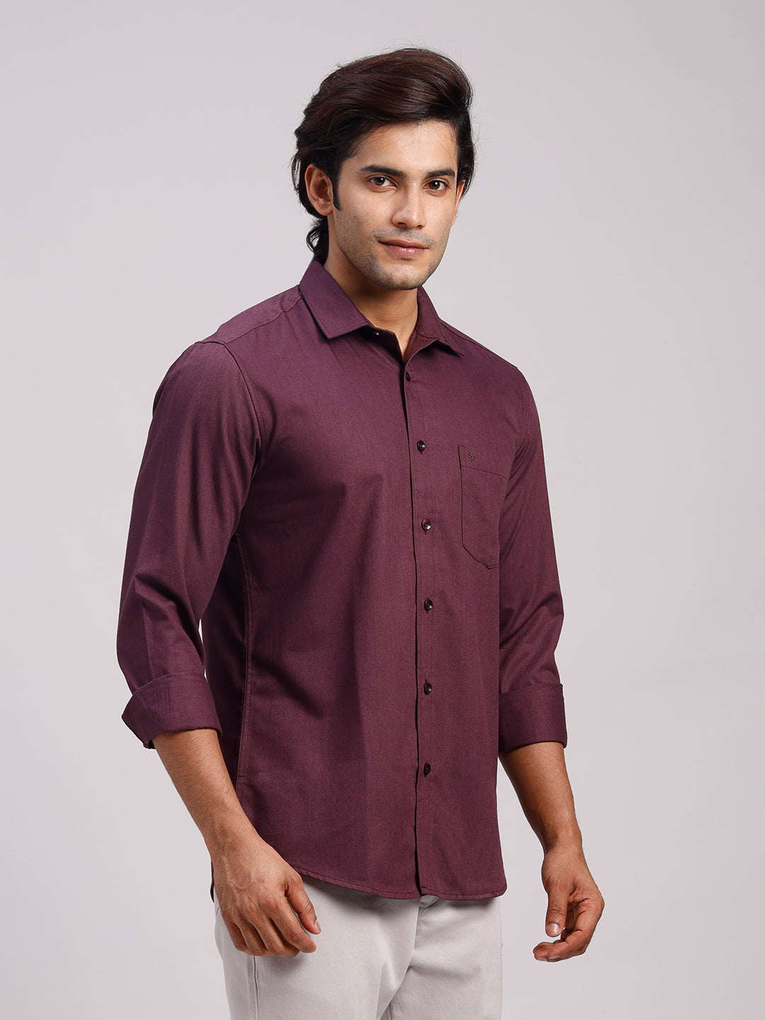 Classic Polo Men's Full Sleeve Burgundy Polo Neck Slim Fit Solid Cotton Casual Shirt | LSHR1-EL-17 B-FS-SLD-SF