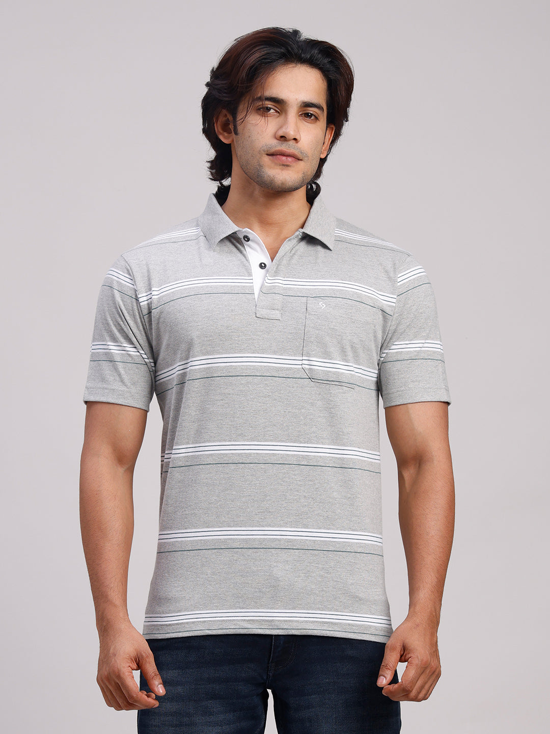 Classic Polo Men's Half Sleeve Light Grey/White Polo Neck Authentic Fit Striped Cotton Blend T-Shirt | MEL - 282 B AF P