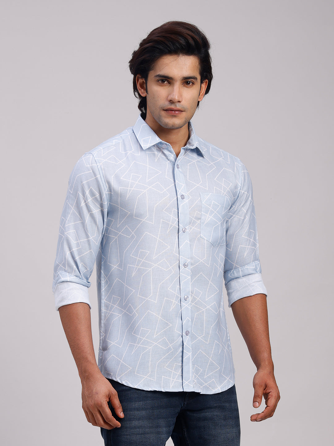 Classic Polo Men's Full Sleeve Light Blue/White Polo Neck Slim Fit All-Over Print Cotton Casual Shirt | LSHR1-CL-12 A-FS-PRT-SF