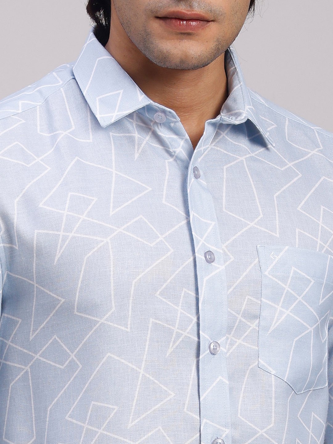 Classic Polo Men's Full Sleeve Light Blue/White Polo Neck Slim Fit All-Over Print Cotton Casual Shirt | LSHR1-CL-12 A-FS-PRT-SF