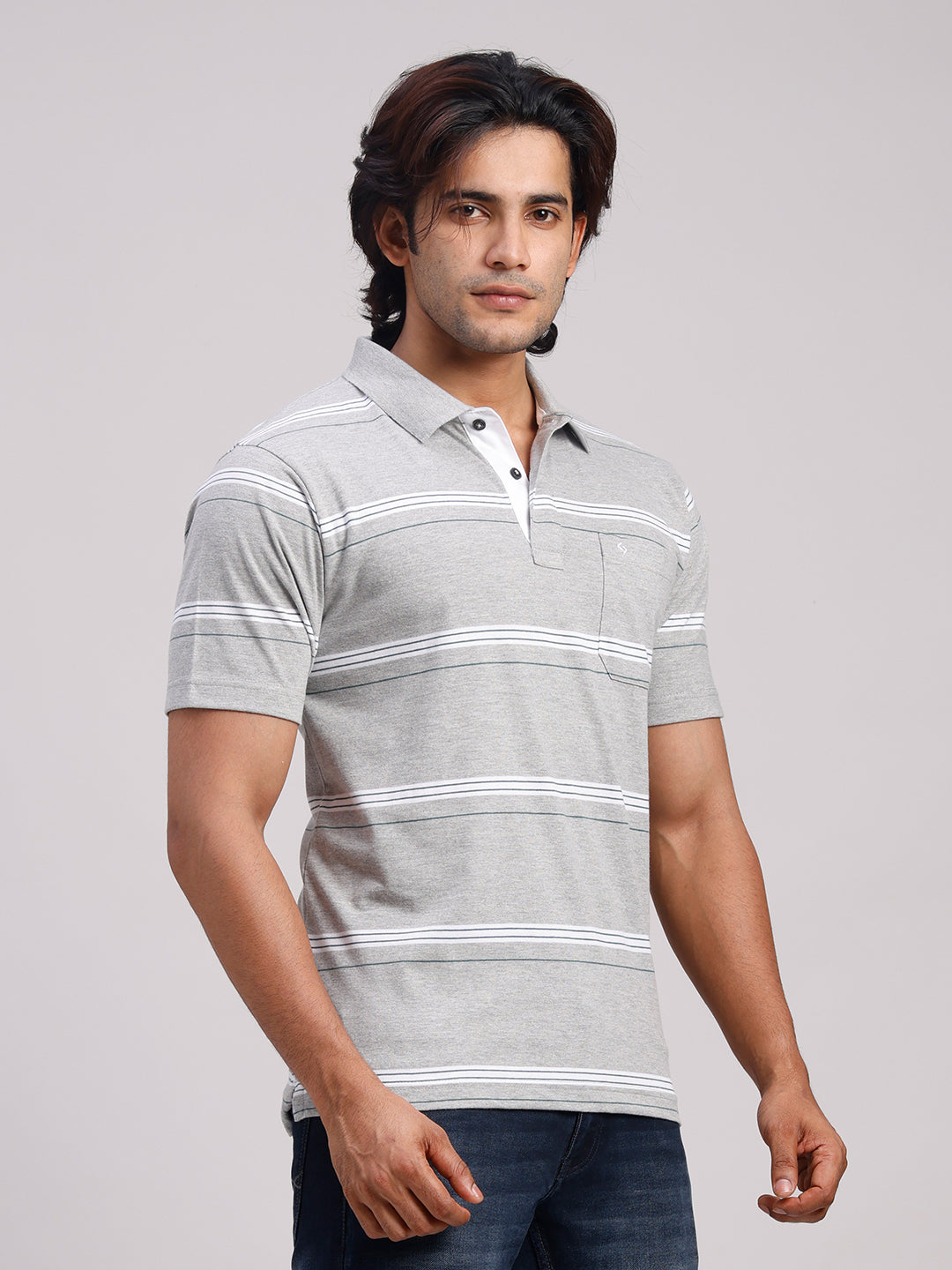 Classic Polo Men's Half Sleeve Light Grey/White Polo Neck Authentic Fit Striped Cotton Blend T-Shirt | MEL - 282 B AF P
