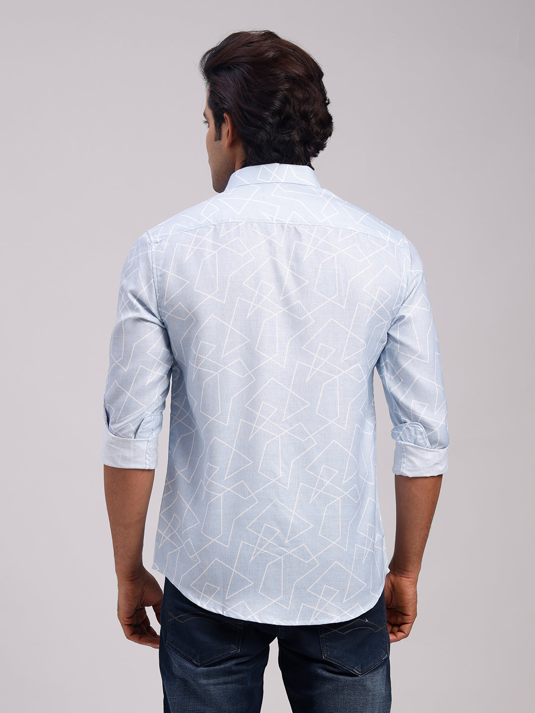 Classic Polo Men's Full Sleeve Light Blue/White Polo Neck Slim Fit All-Over Print Cotton Casual Shirt | LSHR1-CL-12 A-FS-PRT-SF