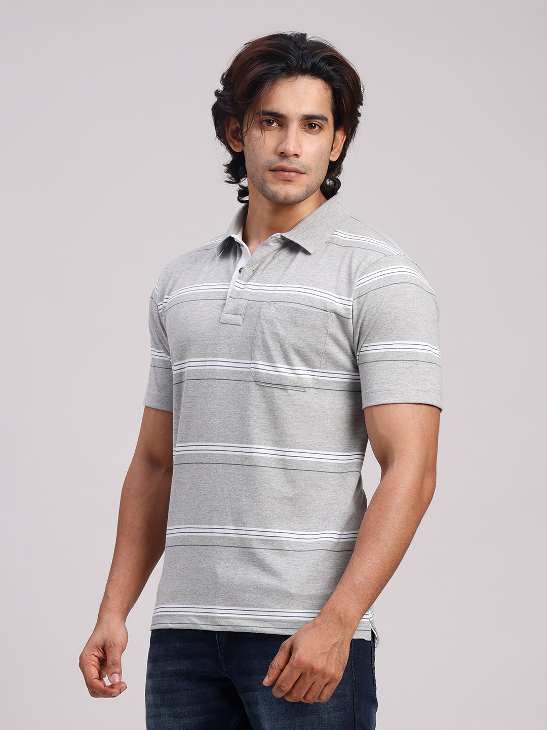 Classic Polo Men's Half Sleeve Light Grey/White Polo Neck Authentic Fit Striped Cotton Blend T-Shirt | MEL - 282 B AF P