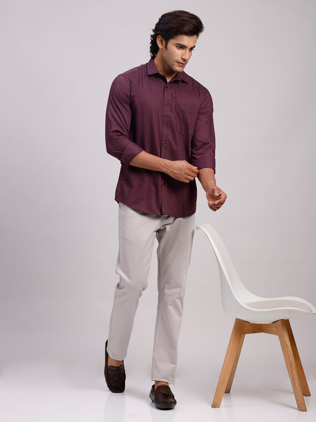 Classic Polo Men's Full Sleeve Burgundy Polo Neck Slim Fit Solid Cotton Casual Shirt | LSHR1-EL-17 B-FS-SLD-SF