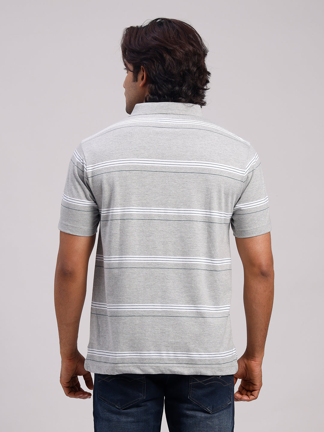 Classic Polo Men's Half Sleeve Light Grey/White Polo Neck Authentic Fit Striped Cotton Blend T-Shirt | MEL - 282 B AF P