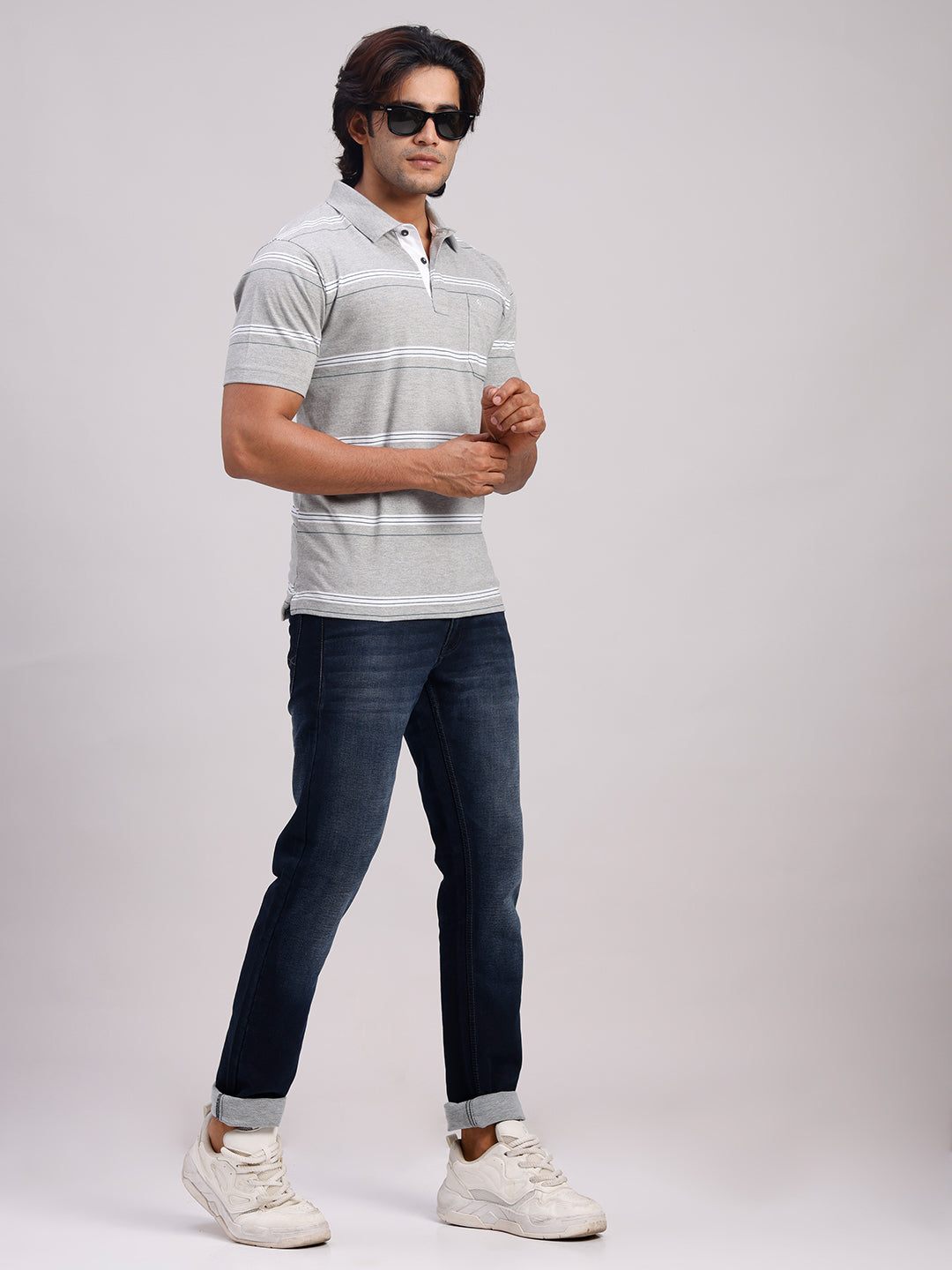 Classic Polo Men's Half Sleeve Light Grey/White Polo Neck Authentic Fit Striped Cotton Blend T-Shirt | MEL - 282 B AF P