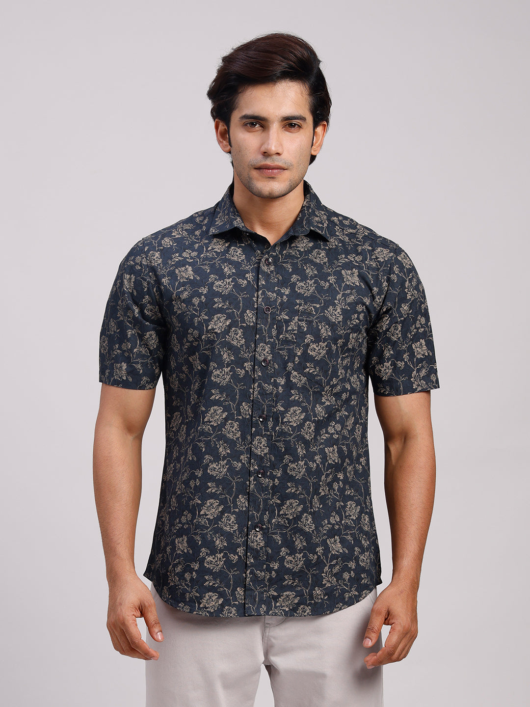 Classic Polo Men's Half Sleeve Dark Indigo Polo Neck Slim Fit All-Over Print Cotton Casual Shirt | SR1-CL-24 B-HS-PRT-SF