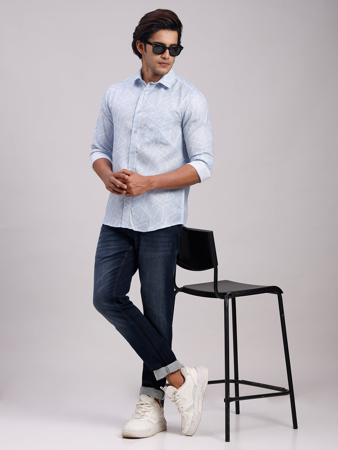 Classic Polo Men's Full Sleeve Light Blue/White Polo Neck Slim Fit All-Over Print Cotton Casual Shirt | LSHR1-CL-12 A-FS-PRT-SF