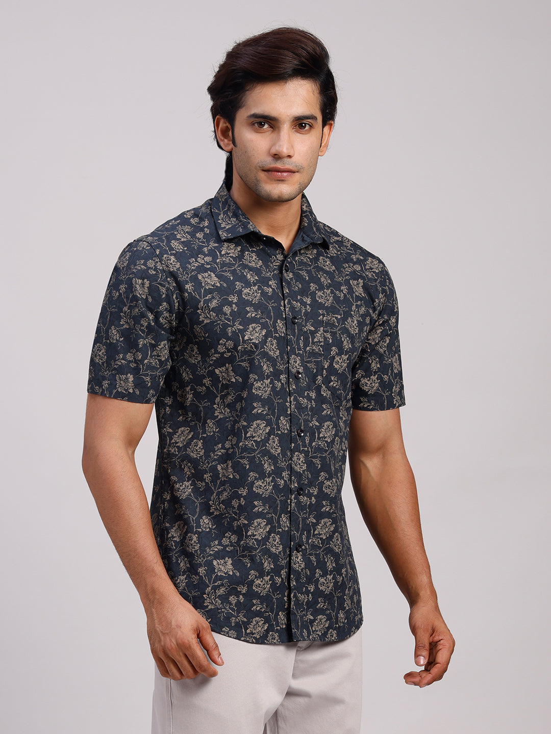 Classic Polo Men's Half Sleeve Dark Indigo Polo Neck Slim Fit All-Over Print Cotton Casual Shirt | SR1-CL-24 B-HS-PRT-SF