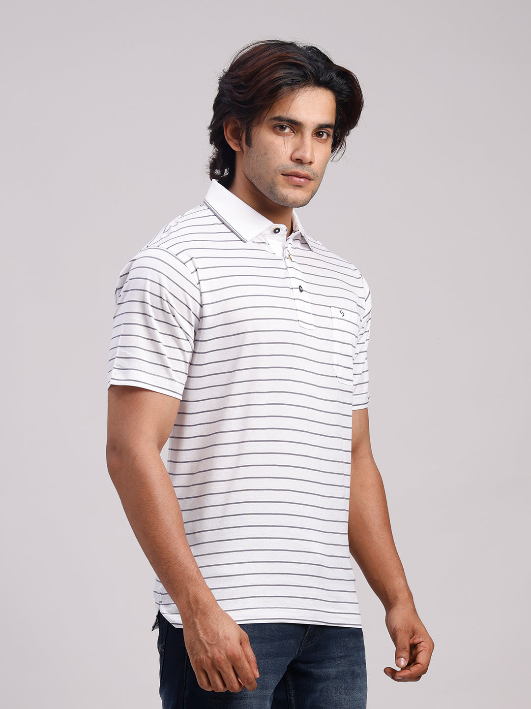 Classic Polo Men's Half Sleeve White/Dark Grey Authentic Fit Striped Premium Mercerised Cotton T-Shirt | ULTIMO - 355 A AF P