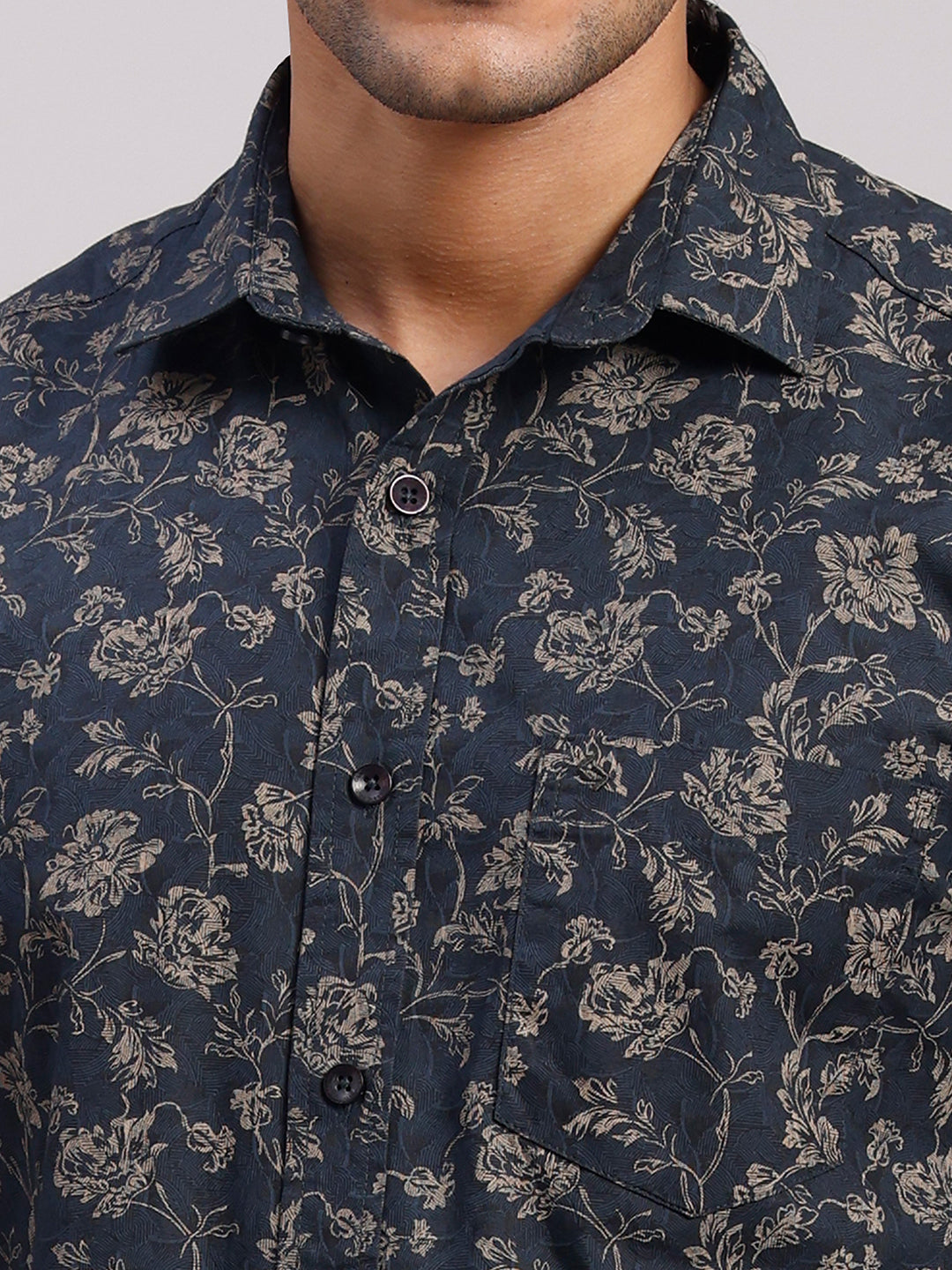 Classic Polo Men's Half Sleeve Dark Indigo Polo Neck Slim Fit All-Over Print Cotton Casual Shirt | SR1-CL-24 B-HS-PRT-SF