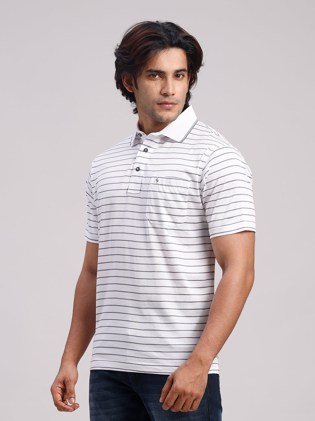 Classic Polo Men's Half Sleeve White/Dark Grey Authentic Fit Striped Premium Mercerised Cotton T-Shirt | ULTIMO - 355 A AF P
