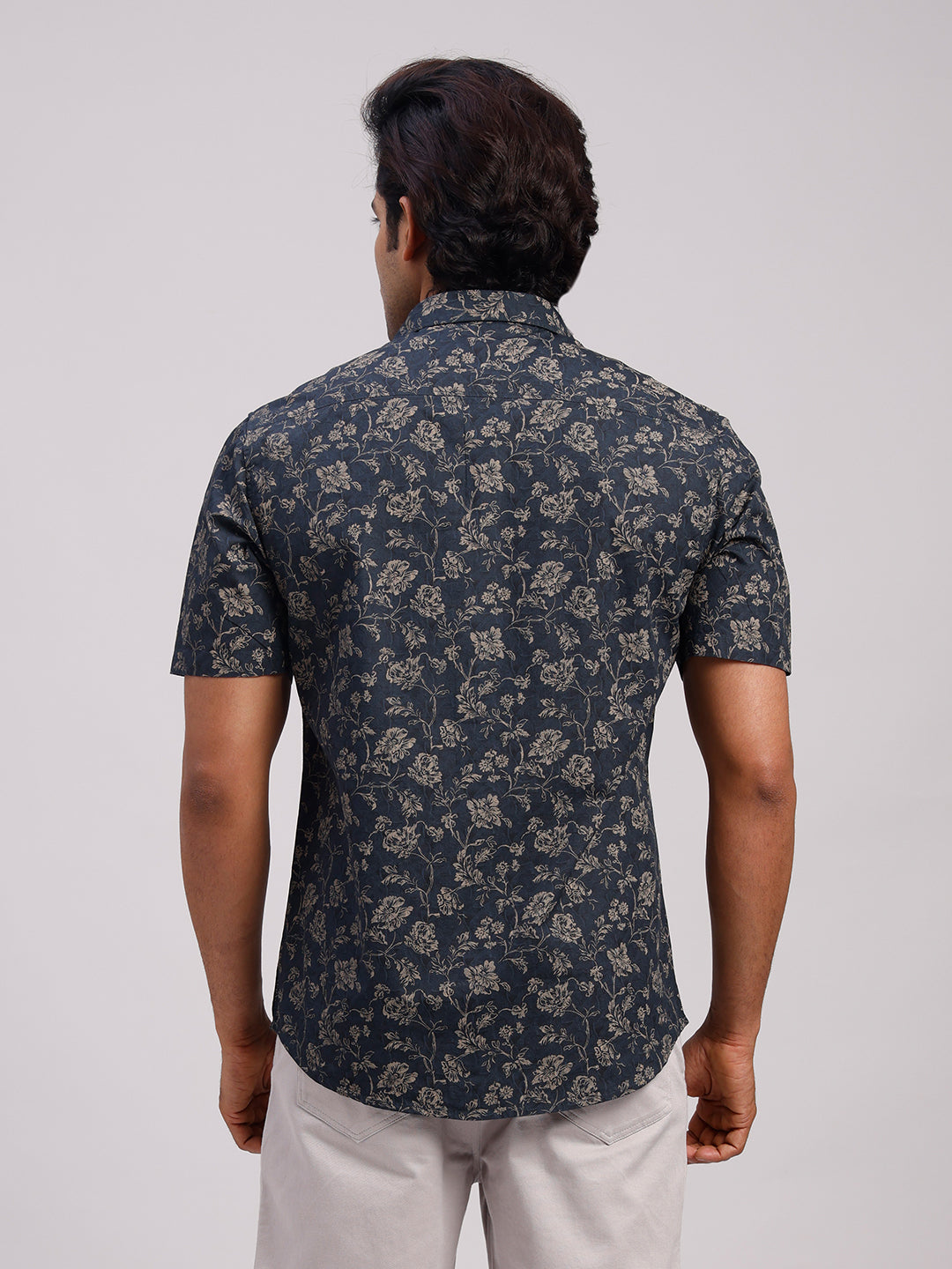 Classic Polo Men's Half Sleeve Dark Indigo Polo Neck Slim Fit All-Over Print Cotton Casual Shirt | SR1-CL-24 B-HS-PRT-SF