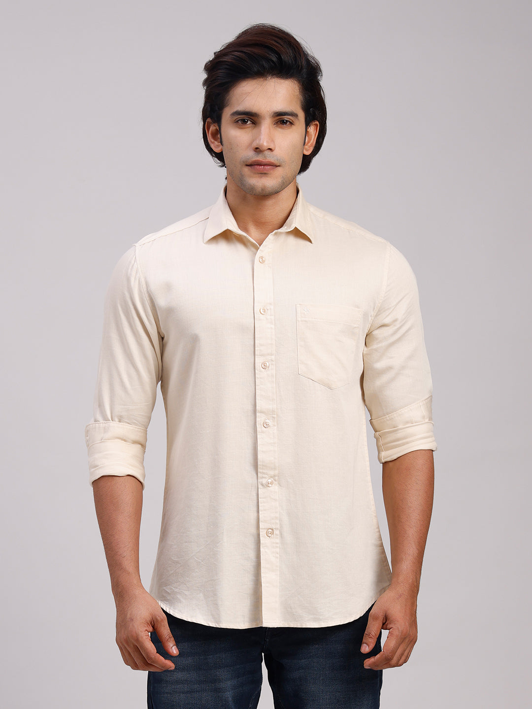 Classic Polo Men's Full Sleeve Cream Polo Neck Slim Fit Solid Cotton Casual Shirt | LSHR1-EL-18 B-FS-SLD-SF
