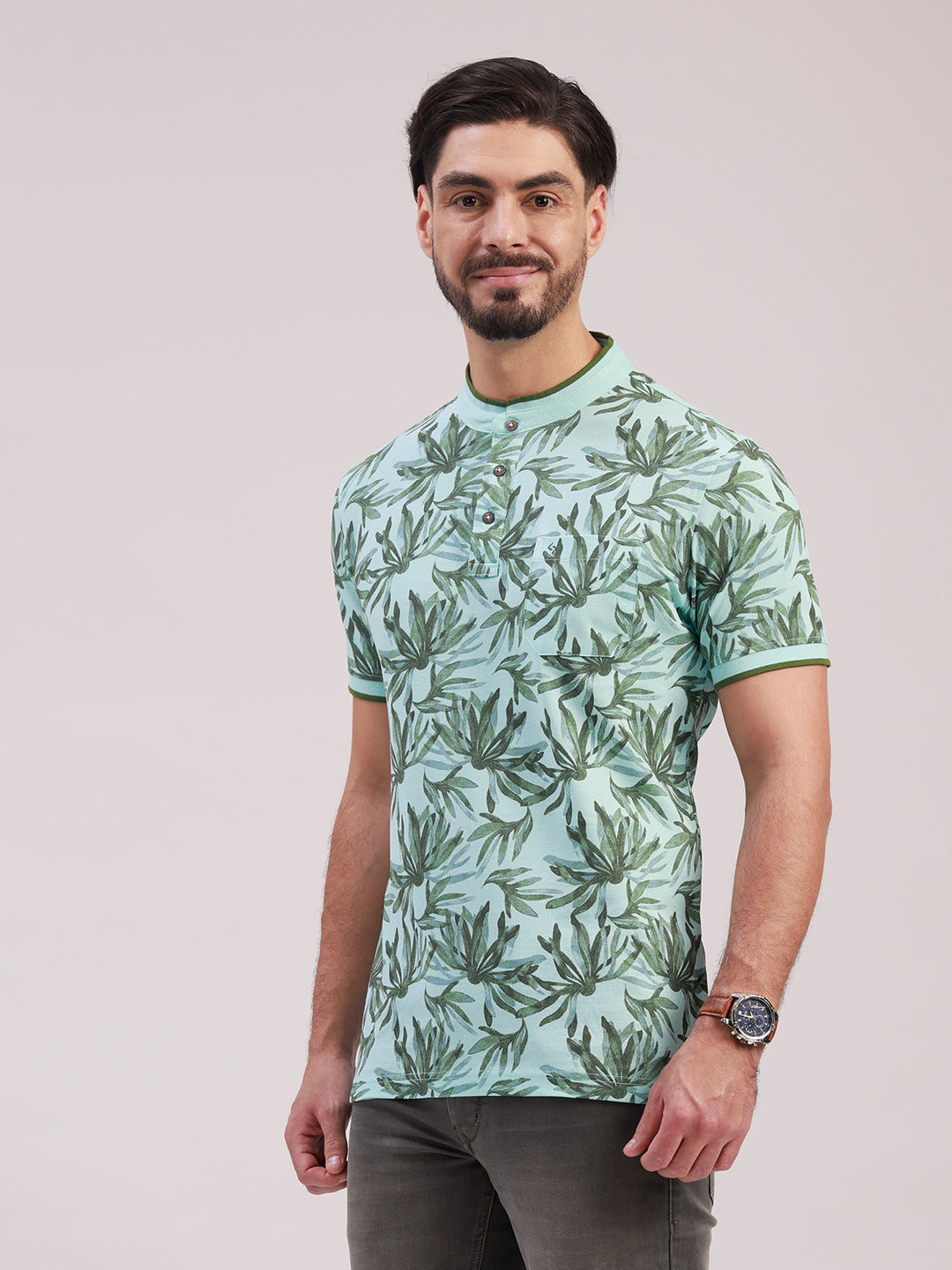 Classic Polo Men's Half Sleeve Green Mandarin Neck Slim Fit All-Over Print Cotton T-Shirt | BEAU - 303 B SF P