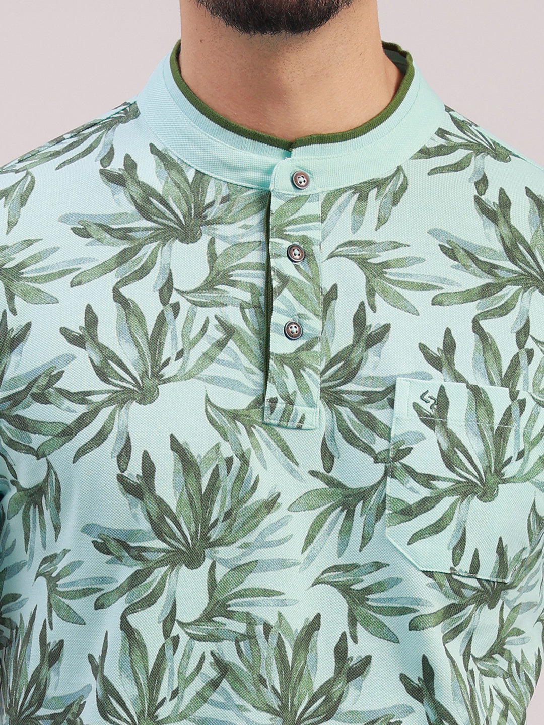 Classic Polo Men's Half Sleeve Green Mandarin Neck Slim Fit All-Over Print Cotton T-Shirt | BEAU - 303 B SF P