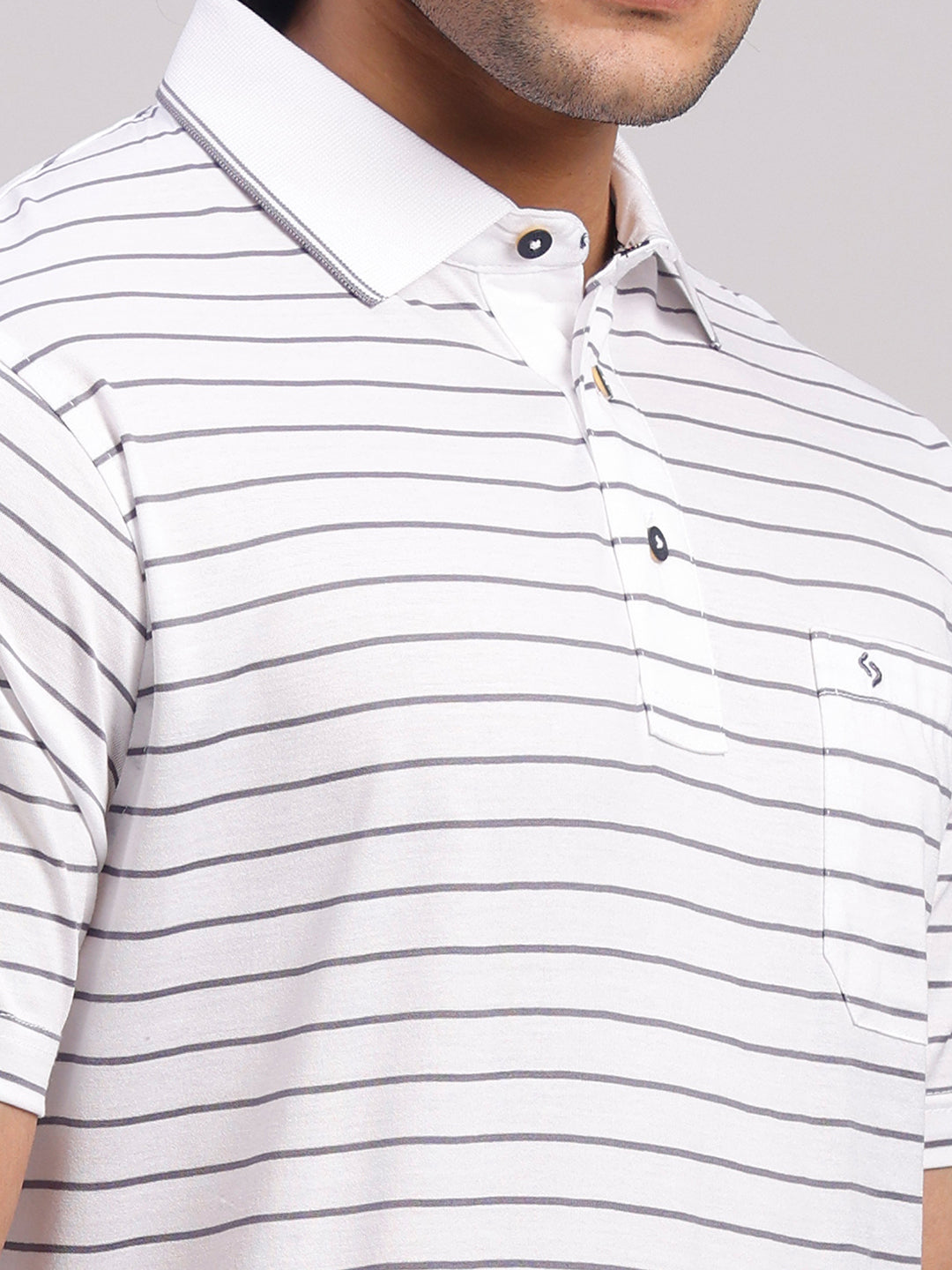 Classic Polo Men's Half Sleeve White/Dark Grey Authentic Fit Striped Premium Mercerised Cotton T-Shirt | ULTIMO - 355 A AF P