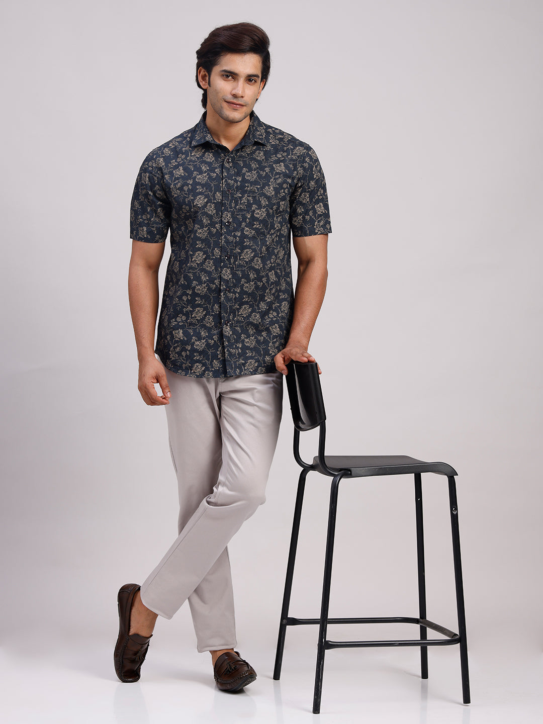 Classic Polo Men's Half Sleeve Dark Indigo Polo Neck Slim Fit All-Over Print Cotton Casual Shirt | SR1-CL-24 B-HS-PRT-SF