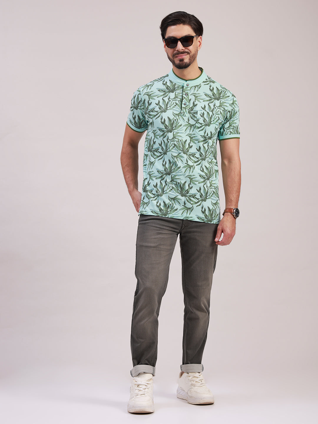 Classic Polo Men's Half Sleeve Green Mandarin Neck Slim Fit All-Over Print Cotton T-Shirt | BEAU - 303 B SF P