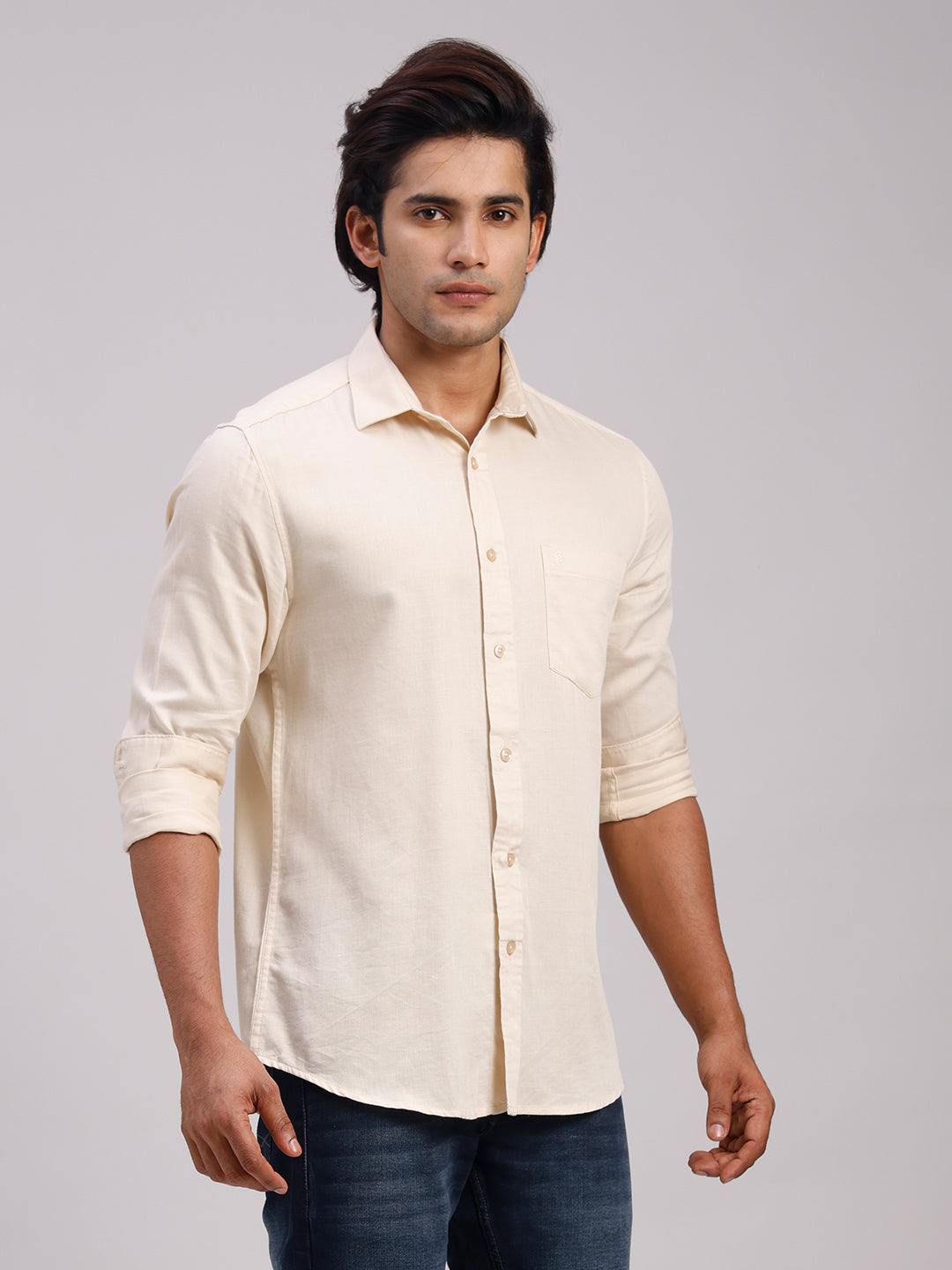 Classic Polo Men's Full Sleeve Cream Polo Neck Slim Fit Solid Cotton Casual Shirt | LSHR1-EL-18 B-FS-SLD-SF