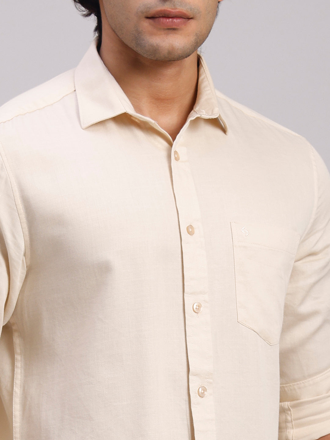 Classic Polo Men's Full Sleeve Cream Polo Neck Slim Fit Solid Cotton Casual Shirt | LSHR1-EL-18 B-FS-SLD-SF