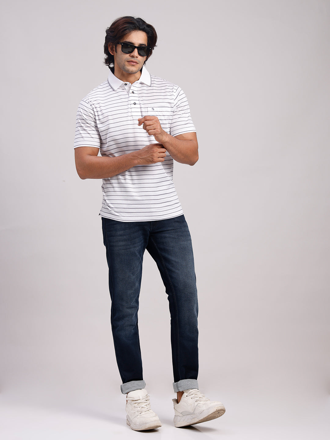 Classic Polo Men's Half Sleeve White/Dark Grey Authentic Fit Striped Premium Mercerised Cotton T-Shirt | ULTIMO - 355 A AF P