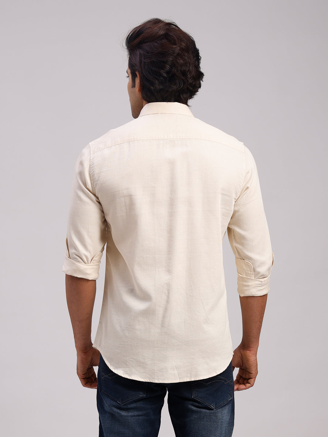 Classic Polo Men's Full Sleeve Cream Polo Neck Slim Fit Solid Cotton Casual Shirt | LSHR1-EL-18 B-FS-SLD-SF