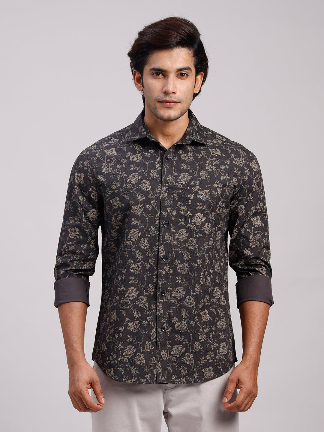Classic Polo Men's Full Sleeve Charcoal Grey/Beige Polo Neck Slim Fit All-Over Print Cotton Casual Shirt | SR1-CL-24 A-FS-PRT-SF