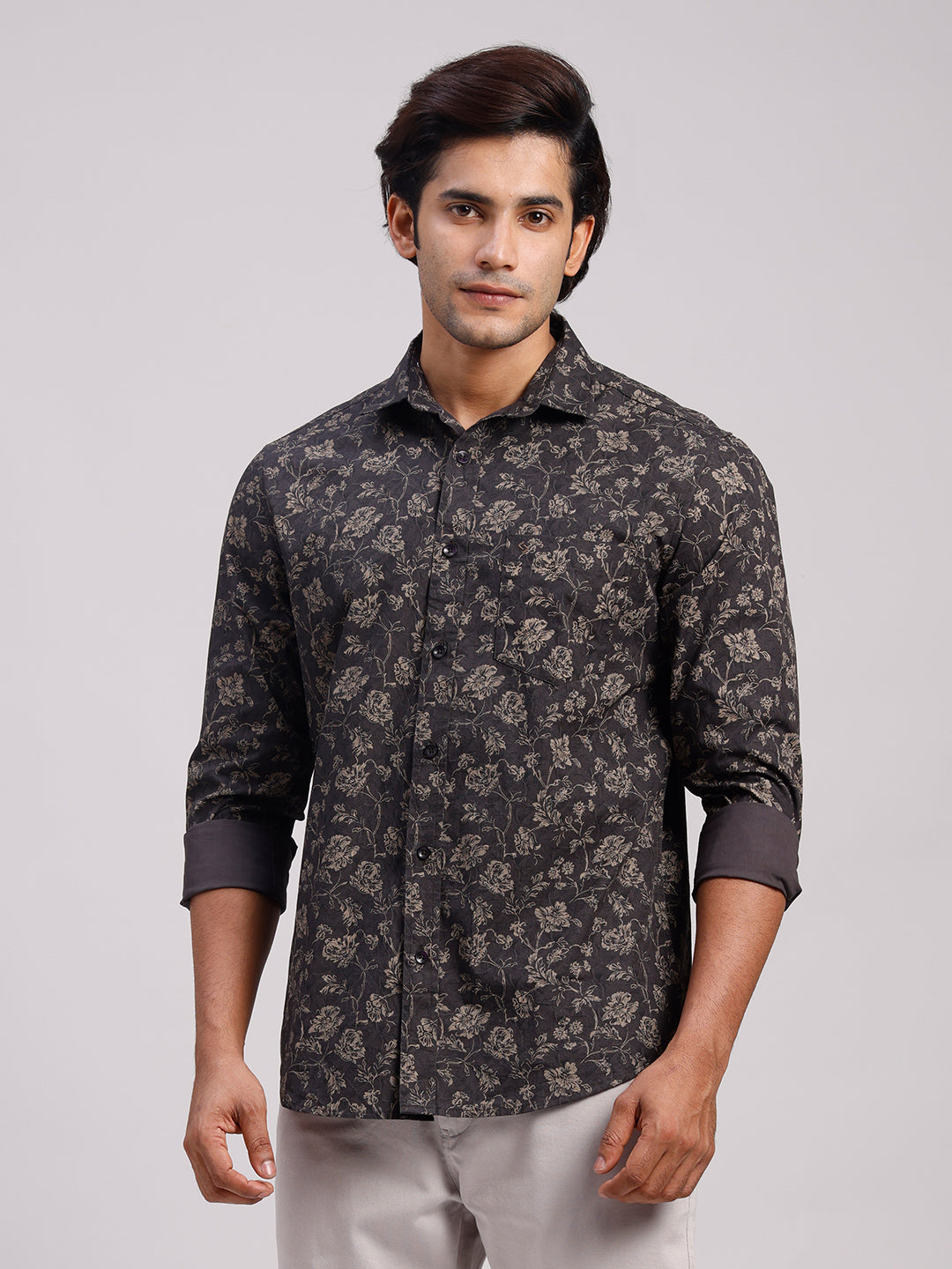 Classic Polo Men's Full Sleeve Charcoal Grey/Beige Polo Neck Slim Fit All-Over Print Cotton Casual Shirt | SR1-CL-24 A-FS-PRT-SF