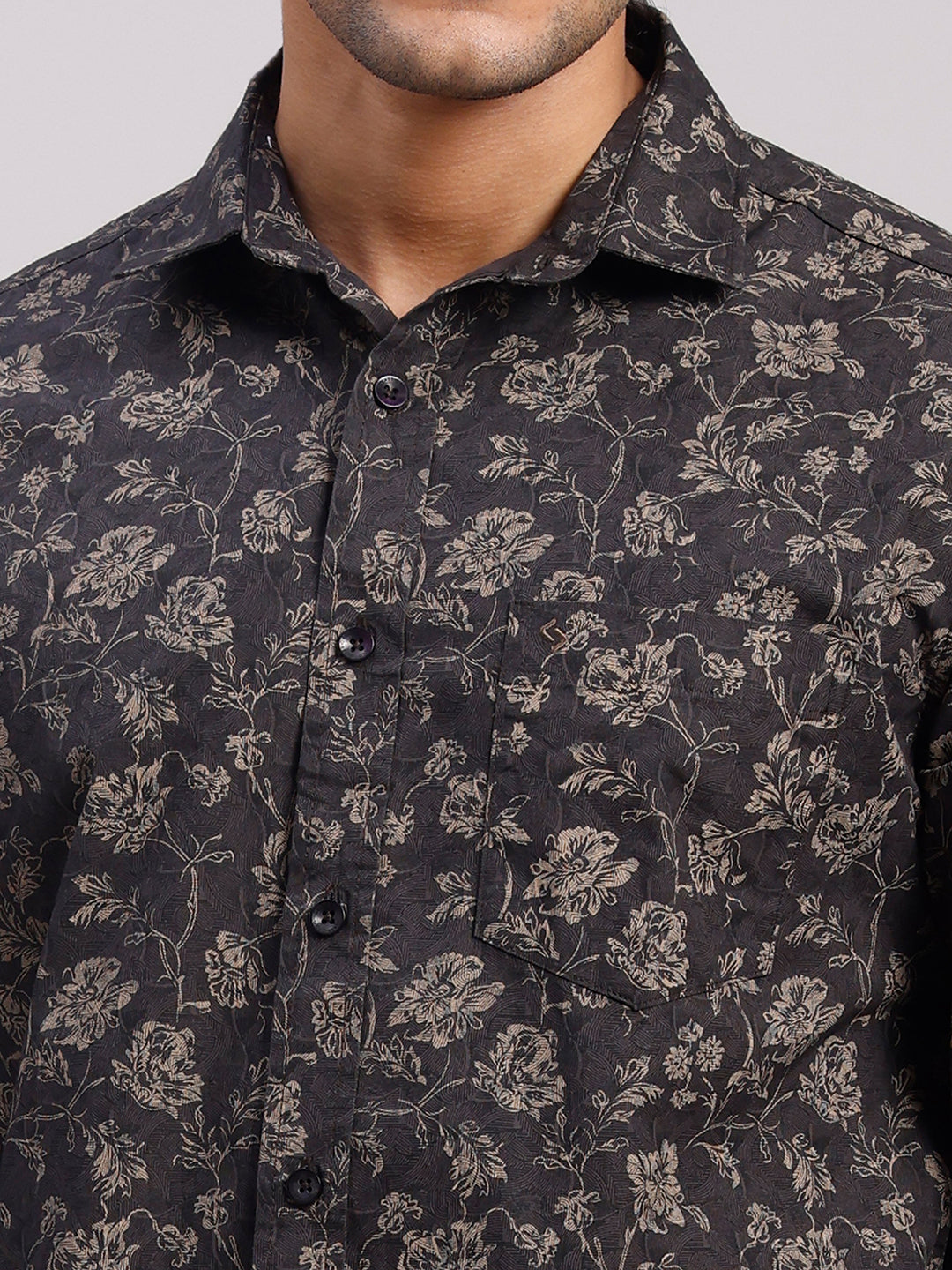Classic Polo Men's Full Sleeve Charcoal Grey/Beige Polo Neck Slim Fit All-Over Print Cotton Casual Shirt | SR1-CL-24 A-FS-PRT-SF